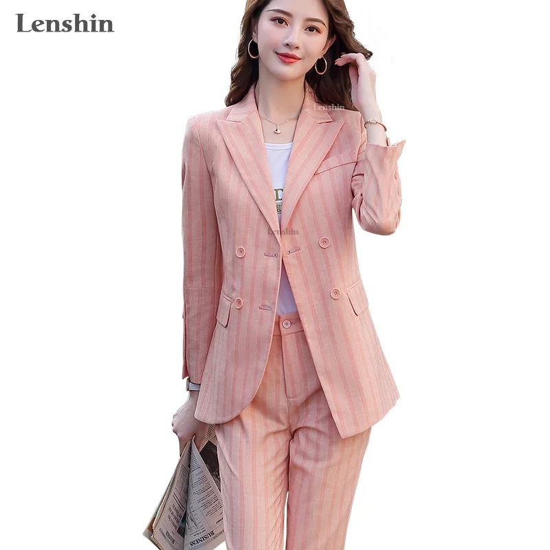 High-quality 2 Piece Set Striped Formal Pant Suit Blazer Office Lady Designs Women Soft Jacket and Ankle-Length Pant