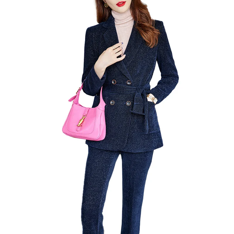 High-quality Velvet Fabric Business Pant Suit 2 Piece Set for Women OEM Jacket and Trouser Double Breasted Office Lady Style