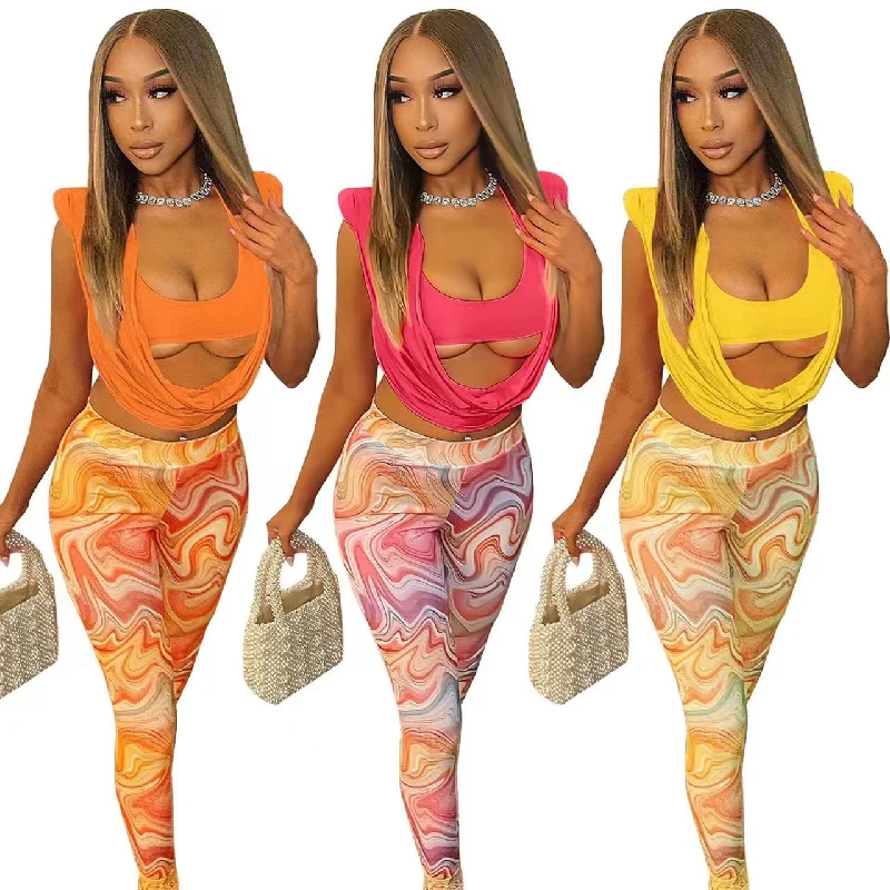 J&H 2023 new arrivals hot sale printed leggings women sexy blouse crop top two piece pants set chic club outfits