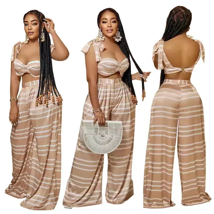 J&H 2023 new arrivals striped floor length wide leg pants crop top 2 piece set sexy slim fit palazzo pants vacation outfits