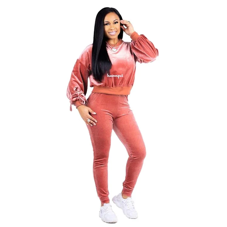 Luxury Trendy Sport Long Sleeve Letter Embroidered Velvet 2 Piece Set Women Fall 2022  Designer Sweat Suit Joggers Pants Outfits