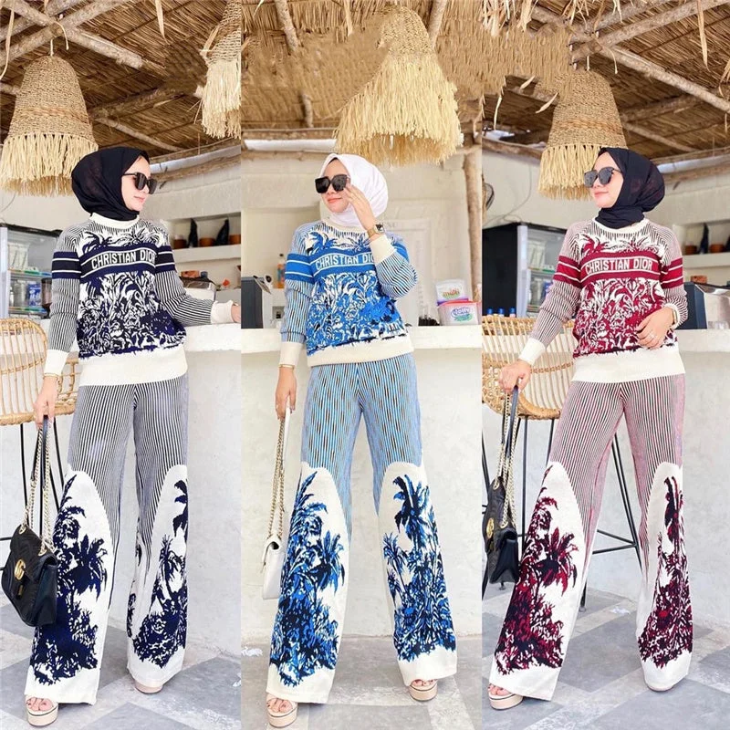 New Arrival Middle East Southeast Knitted Sweater Set Muslim 2 piece Wide Pants Plus Size Suit for Islamic Clothing