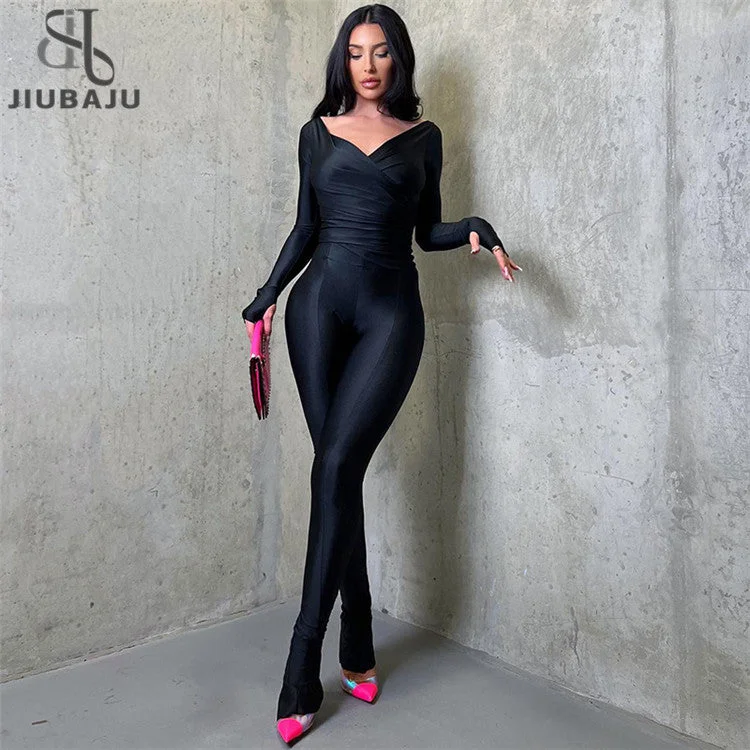 Sexy 2 Two Piece Set Women Outfits 2023 Long Sleeve Crop Top Bodycon Pants Black Party Matching Sets