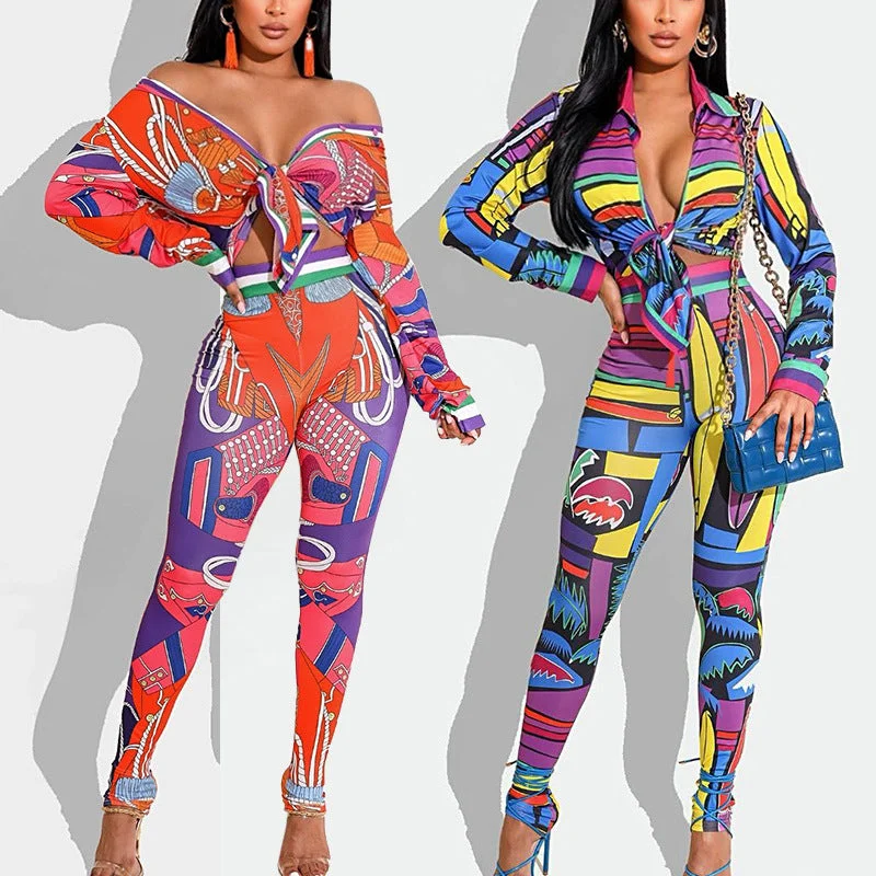 ZL1981 Trend 2023 Print Long Sleeve Shirt And Pants Sets Women Suits Office Lady Streetwear Two Piece Bandage Outfits Women Set