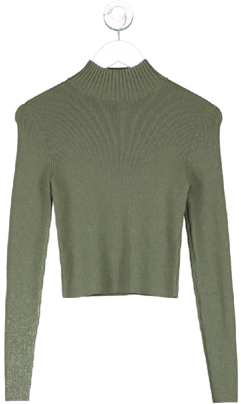 Alice + Olivia Green Senaida Cropped Lightweight Rib Mock Neck Jumper UK S/M