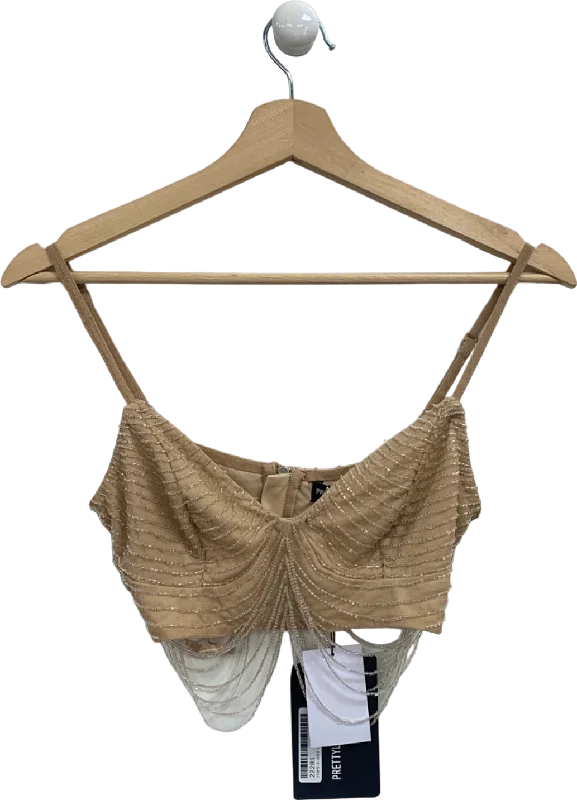 Pretty Little Thing Nude Premium Embellished Draped Bead Bralet UK 6