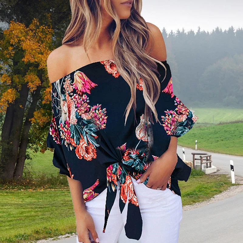 New Deals Women Floral Printing Off Shoulder Casual Blouse