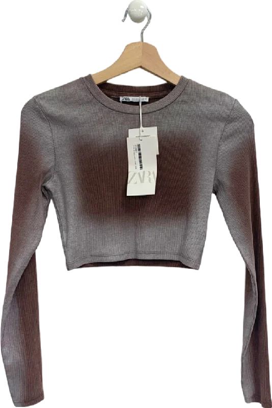 Zara Brown Ribbed Long Sleeve Crop Top UK S